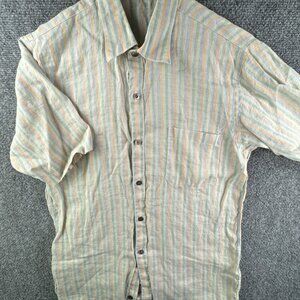 Pierre Balmain Paris All Hemp Button Up Short Sleeve Striped Green Orange Med